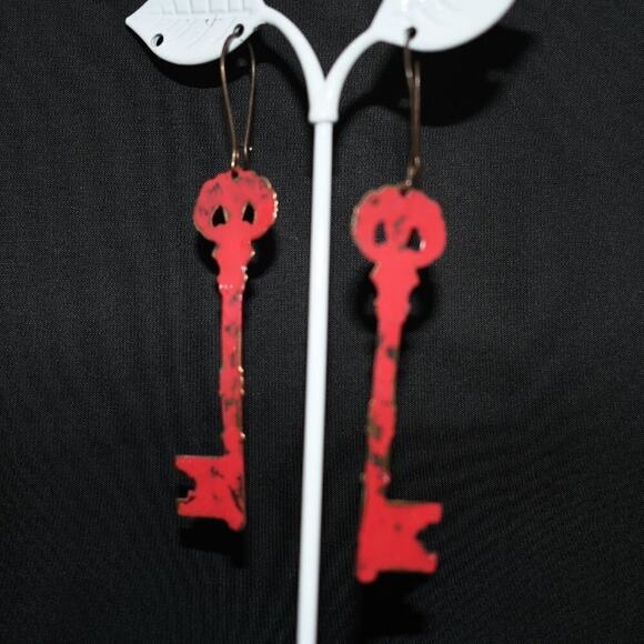 Vintage Red Enamel Key Earrings, Rustic Artisan Long Ear Wire Earrings, 3 1/2" - Picture 4 of 10
